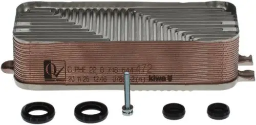 Plattenwärmetauscher mit Aluminium- und Metalloberfläche, in kompaktem Design. Enthält Montageschraube und Dichtungsringe. Hersteller: Bosch.